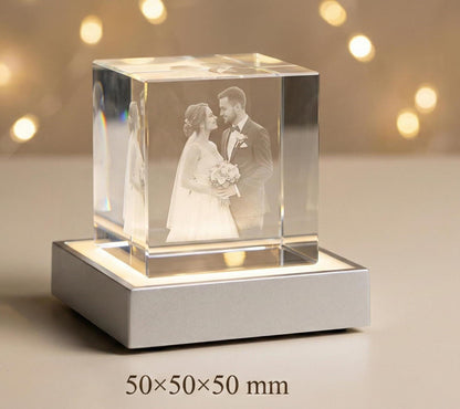 3D Crystal Photo Cube – Custom Laser Engraving With LED Light Base Display