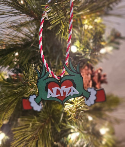Personalized Grinch Hand Ornament, Grinch Ornament, Grinch Christmas Tree Ornament, Grinch Christmas Decor, Grinch Stocking Tag