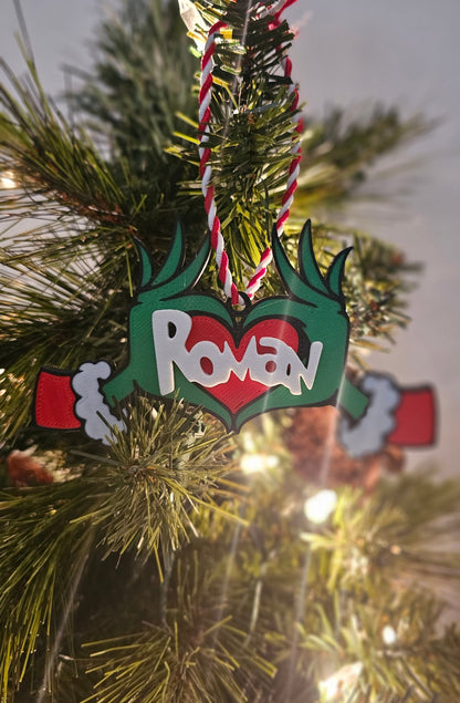 Personalized Grinch Hand Ornament, Grinch Ornament, Grinch Christmas Tree Ornament, Grinch Christmas Decor, Grinch Stocking Tag