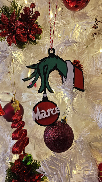 Personalized Grinch Hand Ornament, Grinch Ornament, Grinch Christmas Tree Ornament, Grinch Christmas Decor, Grinch Stocking Tag