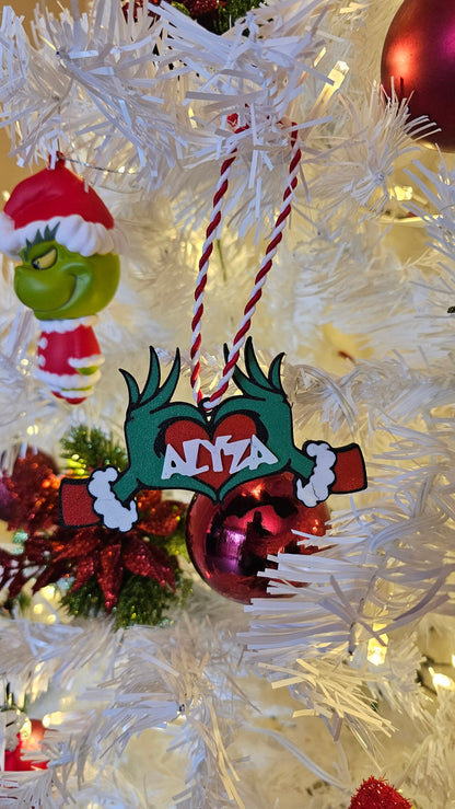 Personalized Grinch Hand Ornament, Grinch Ornament, Grinch Christmas Tree Ornament, Grinch Christmas Decor, Grinch Stocking Tag