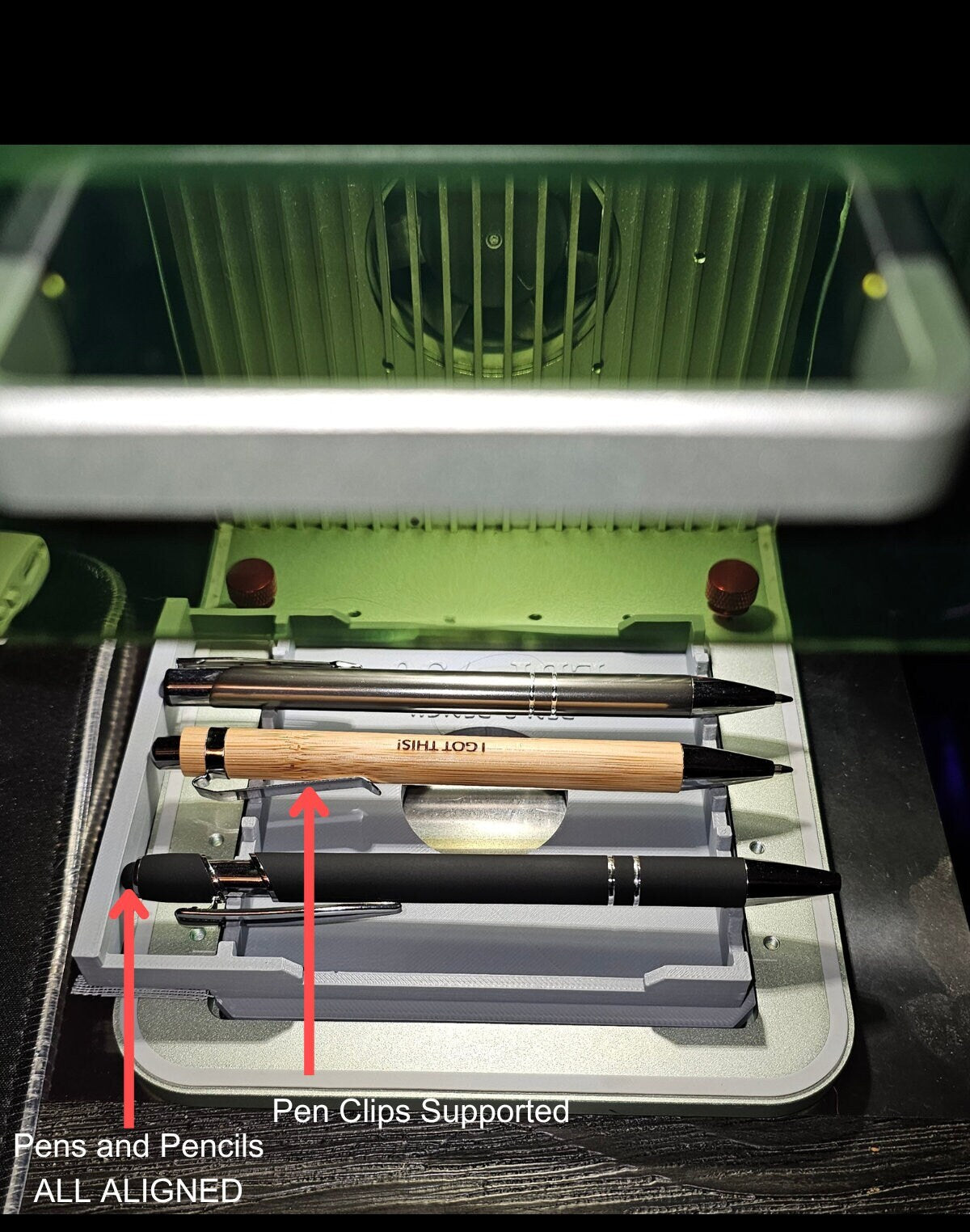 All pens and pencil engravings will have the same alignment.  It supports pens with clips too.  The number of pens you can engrave is reduced by the clip