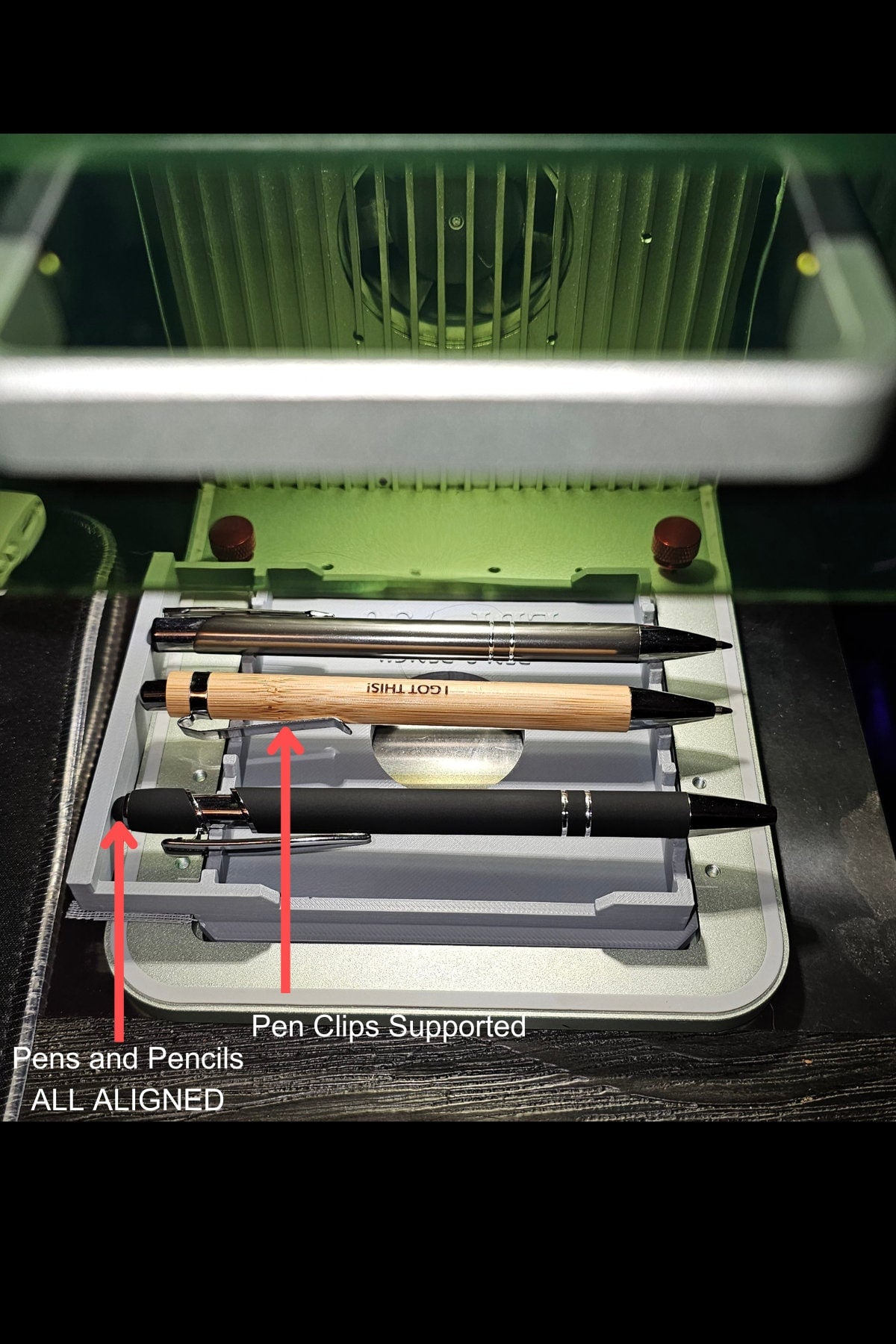 All pens and pencil engravings will have the same alignment.  It supports pens with clips too